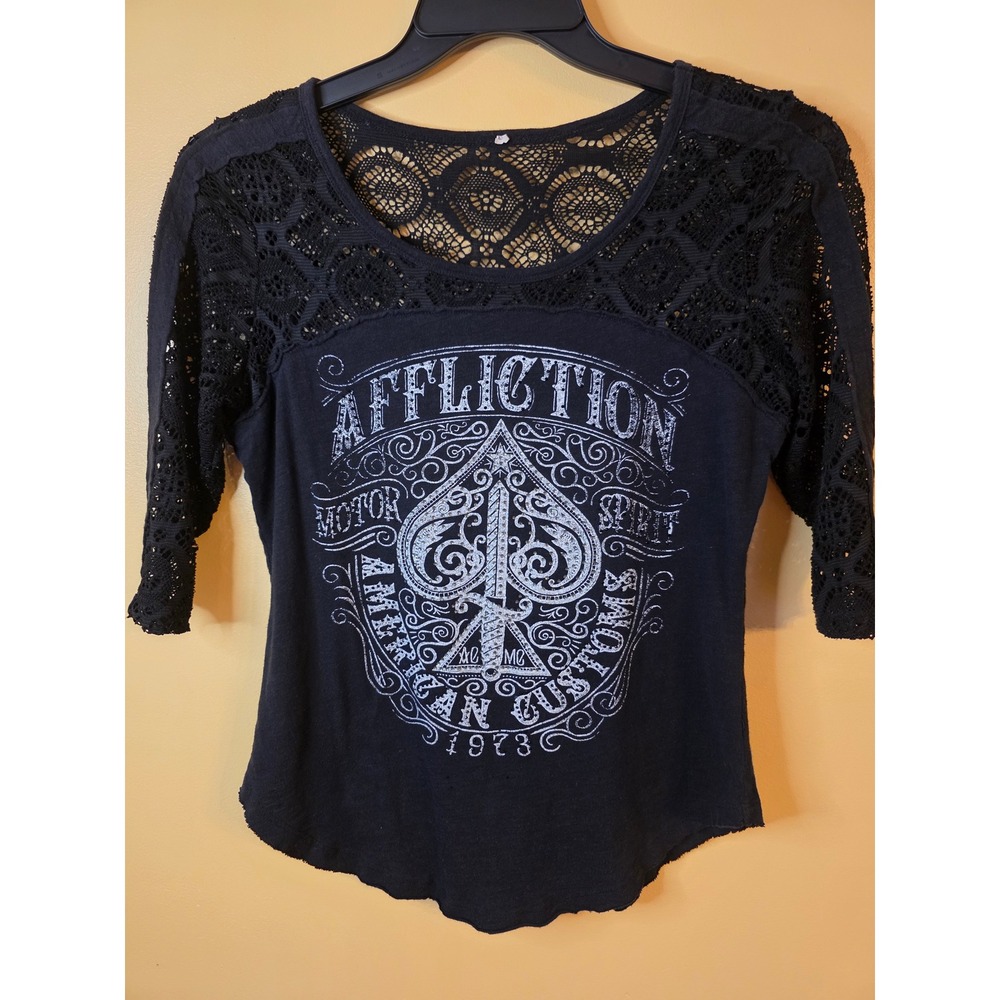 Affliction Motor Spirit American Customs Lace Graphic Top Black 3/4 Sleeve